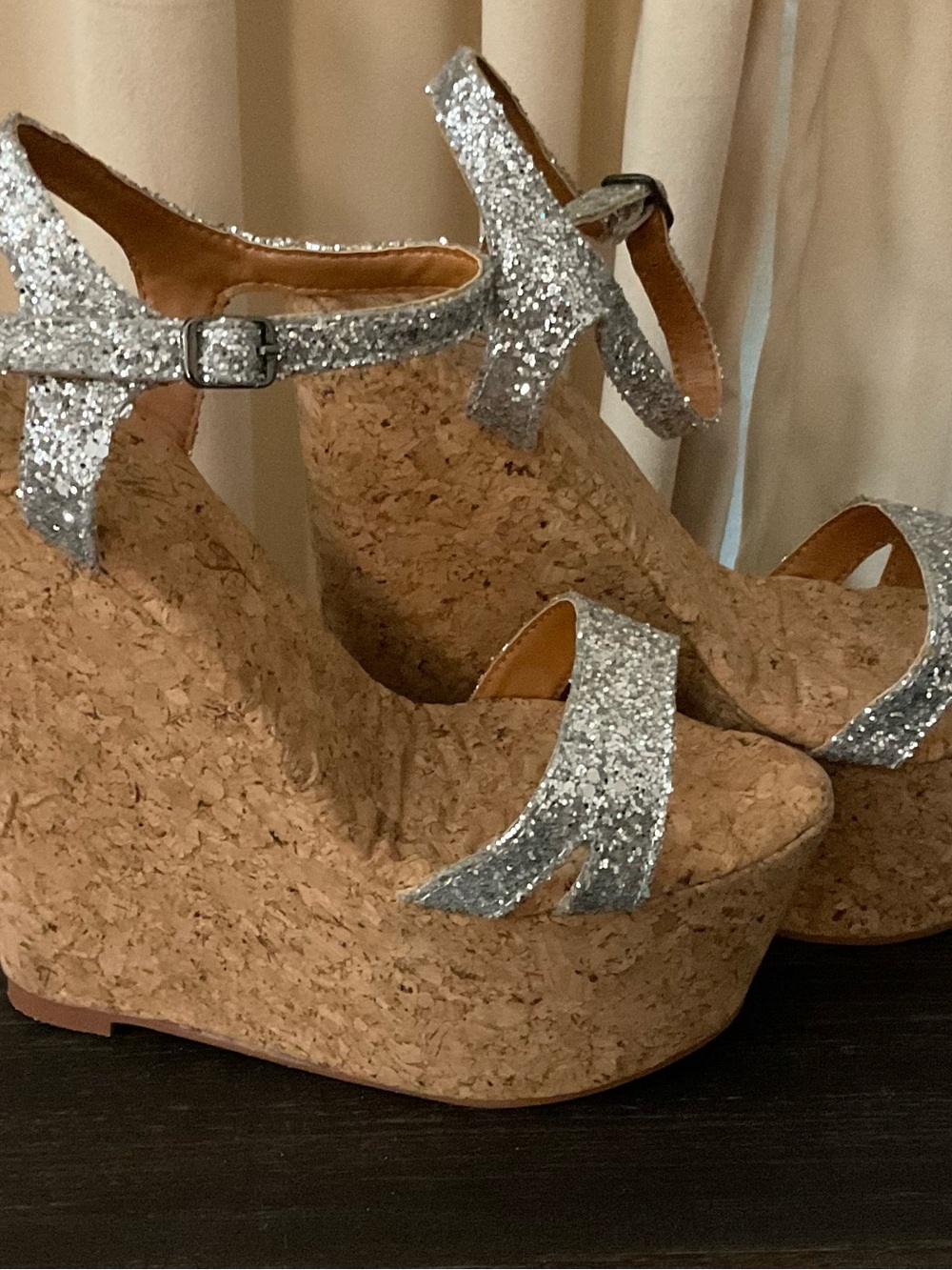 Silver Glitter Cork Wedge Sandals with Ankle Strap